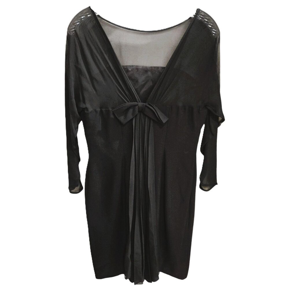Vintage Black Illusion Sheath Dress V-Back W/ Bow Sz 15 ILGWU USA Made